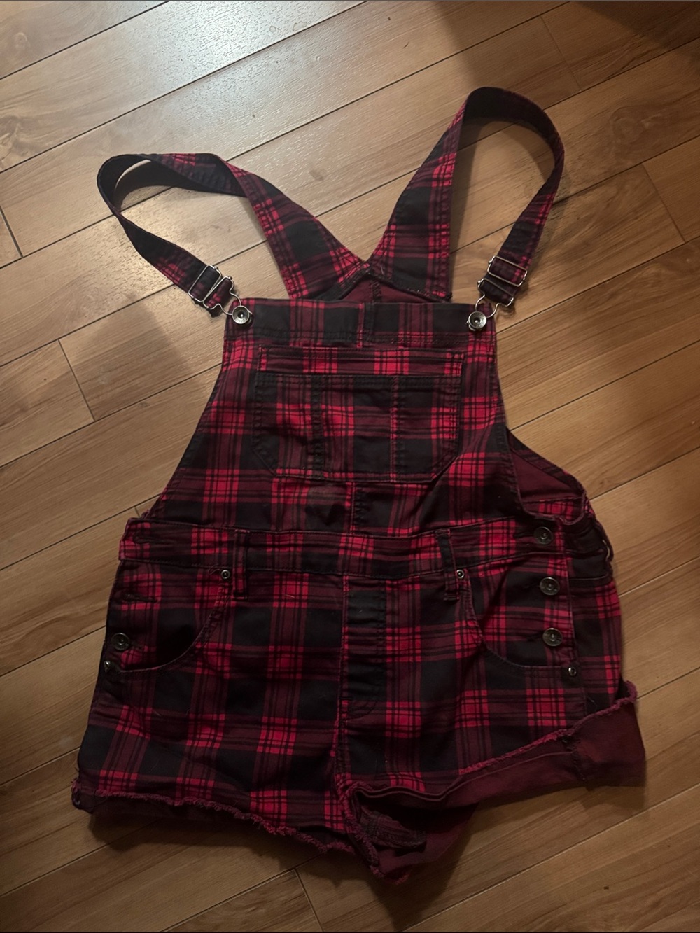 Red and Black Plaid Short Overalls